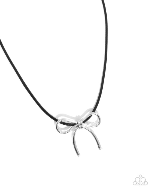 Leisurely Ladylike - Black Cord Silver Bow Necklace - Paparazzi Accessories