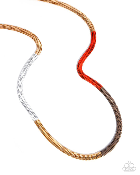 Patterned Pageantry - Orange, White, & Gold Chain Necklace - Paparazzi Accessories