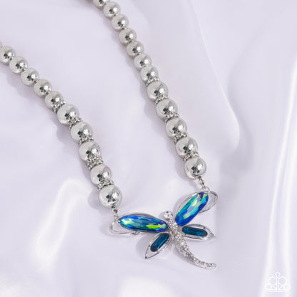 Sense of Propriety - Green UV Rhinestone Silver Dragonfly Necklace - Life of the Party Exclusive - Paparazzi Accessories