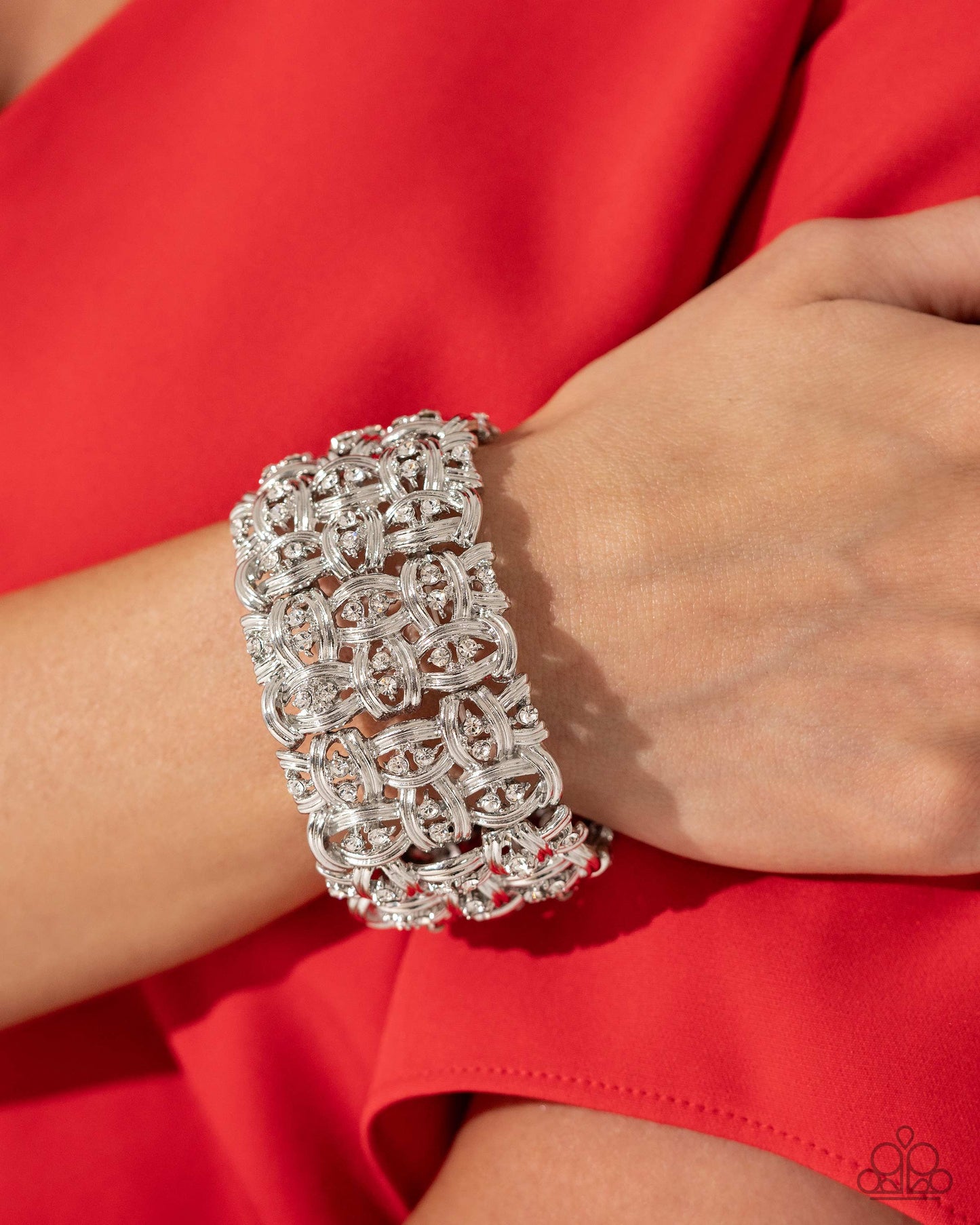 Woven Wardrobe - White Rhinestone Stretchy Bracelet - Life of the Party - Paparazzi Accessories