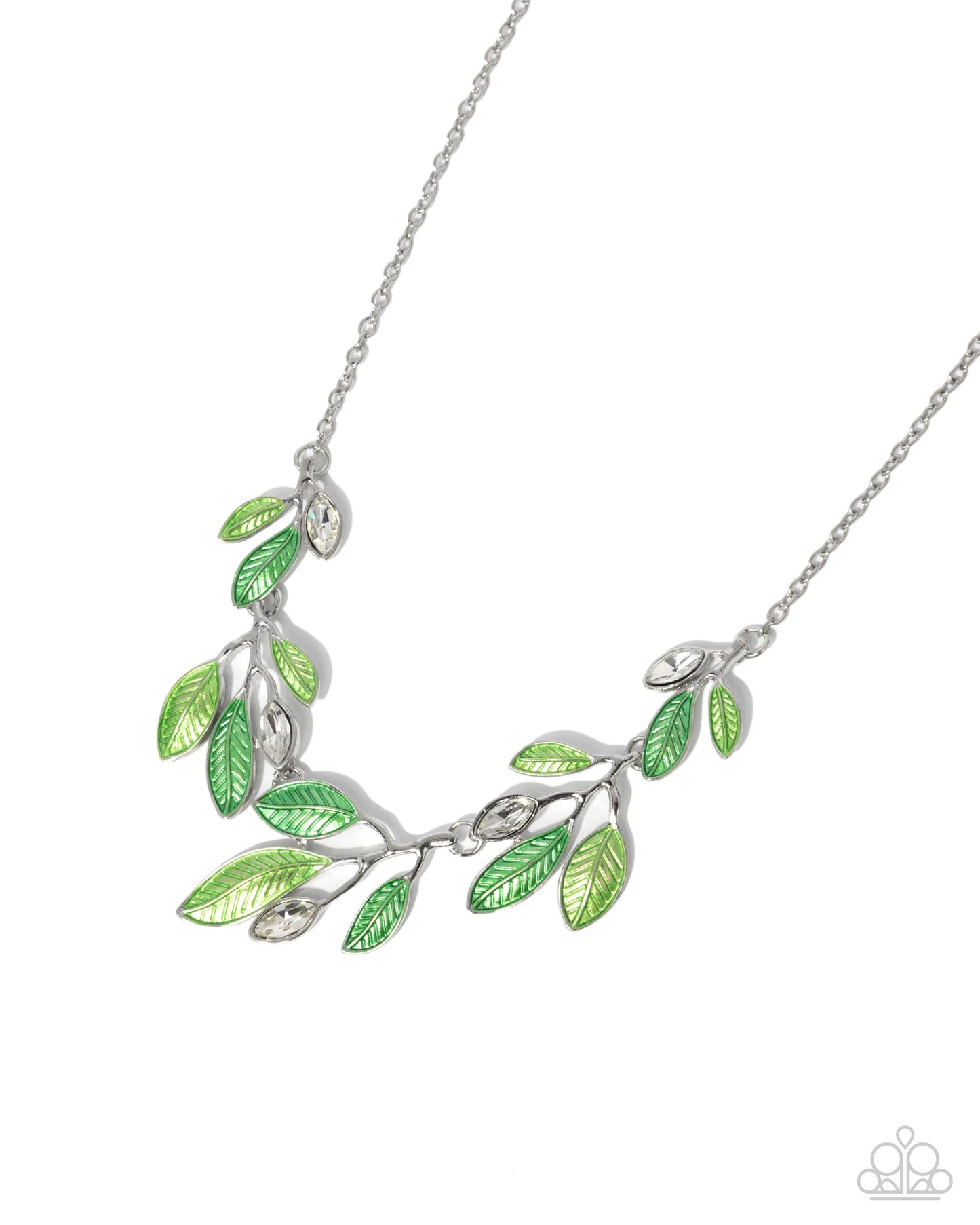 Lyrical Leaves - Green Painted Leaves White Marquise Gem Silver Necklace - Paparazzi Accessories