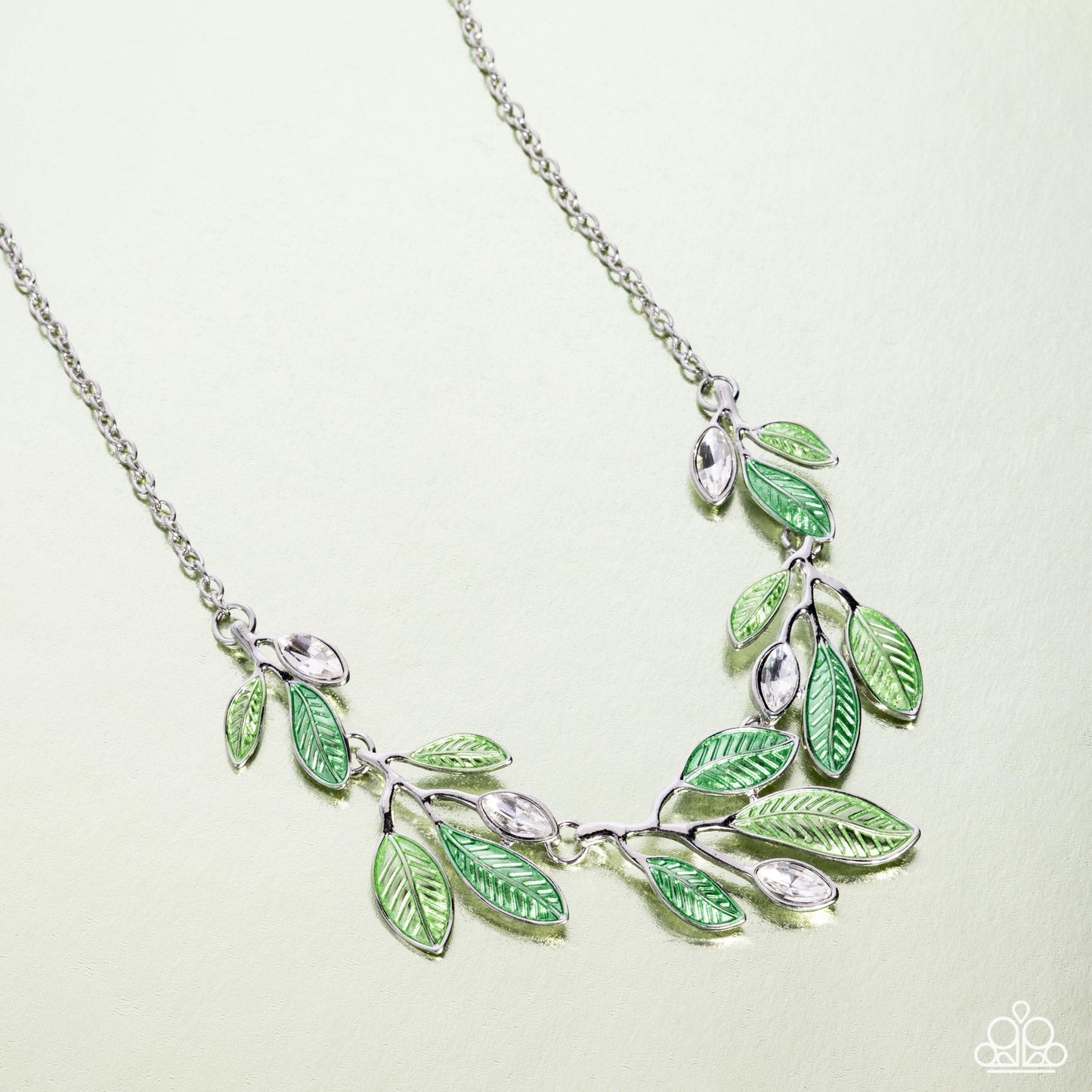 Lyrical Leaves - Green Painted Leaves White Marquise Gem Silver Necklace - Paparazzi Accessories