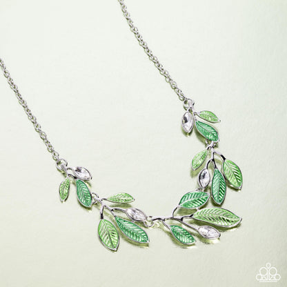 Lyrical Leaves - Green Painted Leaves White Marquise Gem Silver Necklace - Paparazzi Accessories