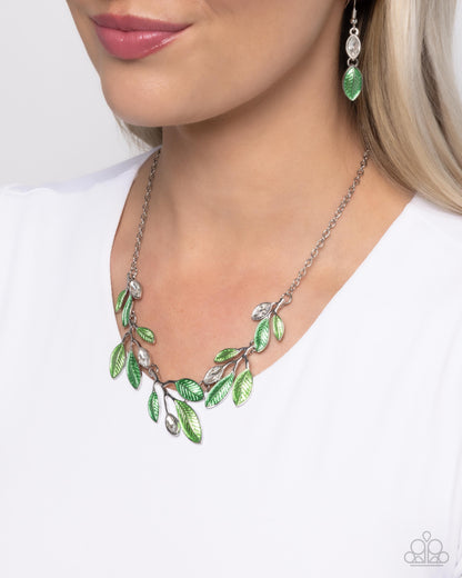 Lyrical Leaves - Green Painted Leaves White Marquise Gem Silver Necklace - Paparazzi Accessories