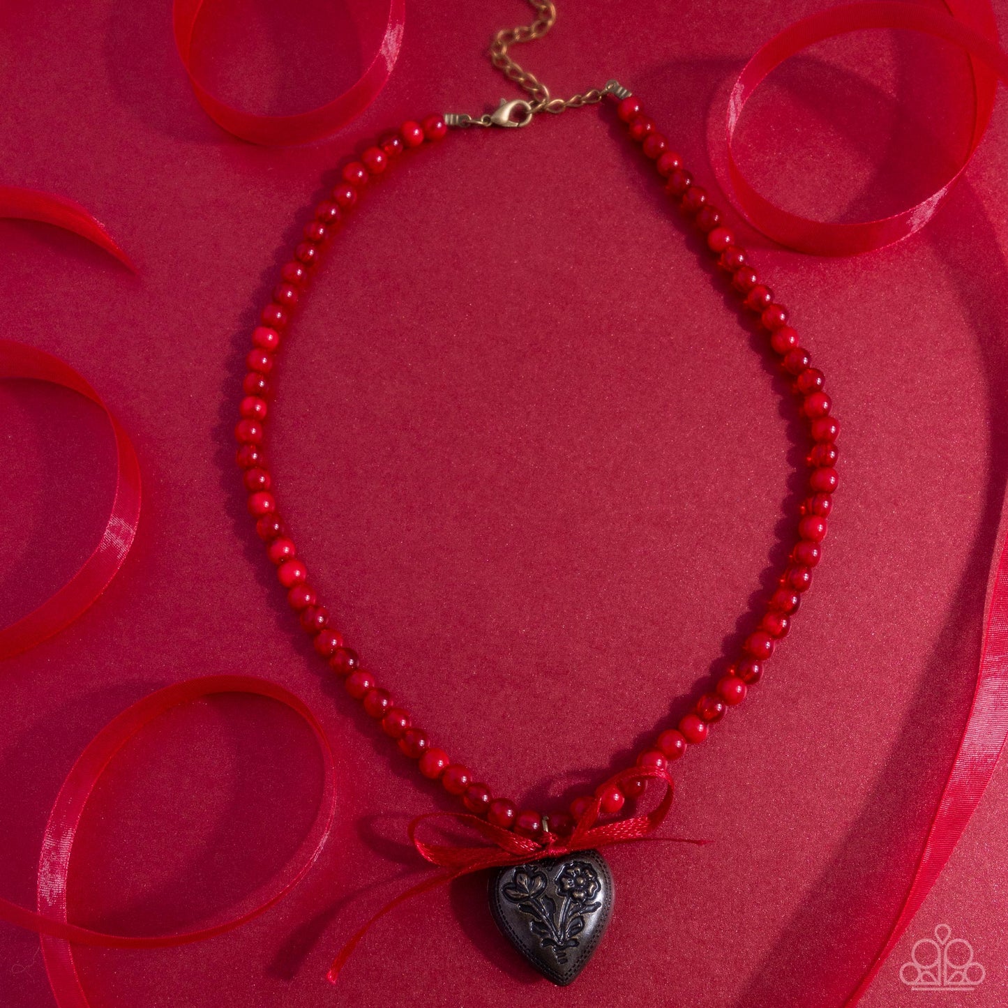 Tasteful Trimming - Red Beaded Satin Bow Brass Heart Pendant Necklace - Paparazzi Accessories