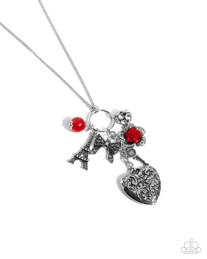 Parisian Press - Red Bead Heart & Eiffel Tower Pendant Necklace - Paparazzi Accessories
