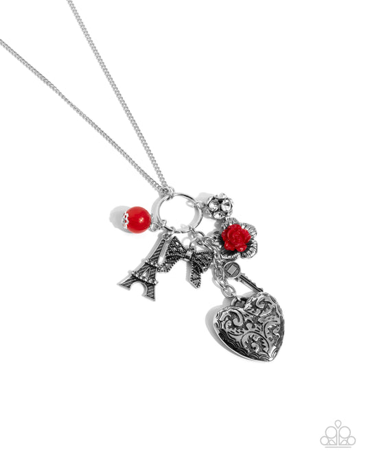 Parisian Press - Red Bead Heart & Eiffel Tower Pendant Necklace - Paparazzi Accessories