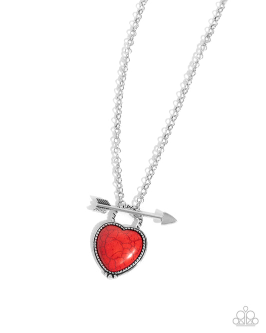 Artful Arrow - Red Crackle Stone Heart & Silver Arrow Pendant Necklace - Paparazzi Accessories