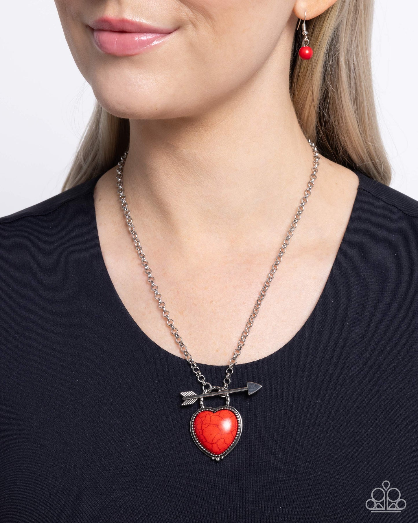 Artful Arrow - Red Crackle Stone Heart & Silver Arrow Pendant Necklace - Paparazzi Accessories