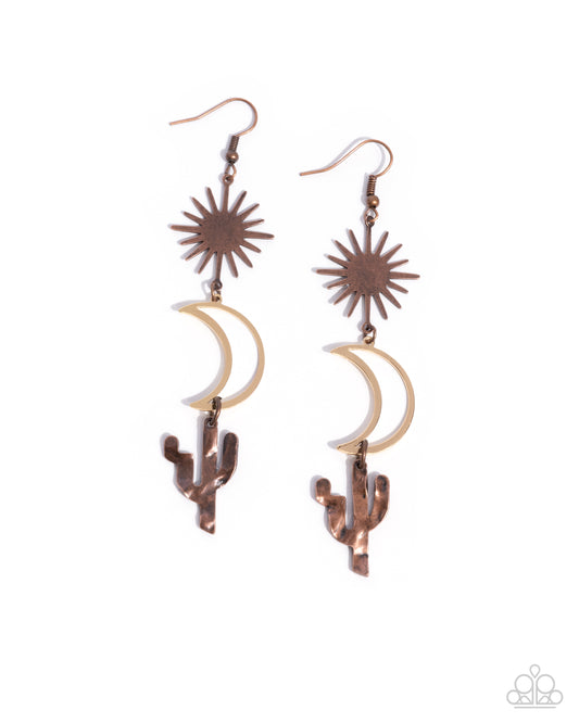 Wishfully Western - Copper Cactus Gold Crescent Moon Fishhook Earrings - Paparazzi Accessories