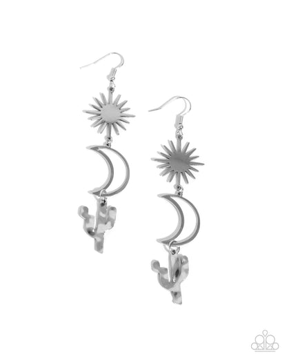 Wishfully Western - Silver Cactus & Crescent Moon Fishhook Earrings - Paparazzi Accessories