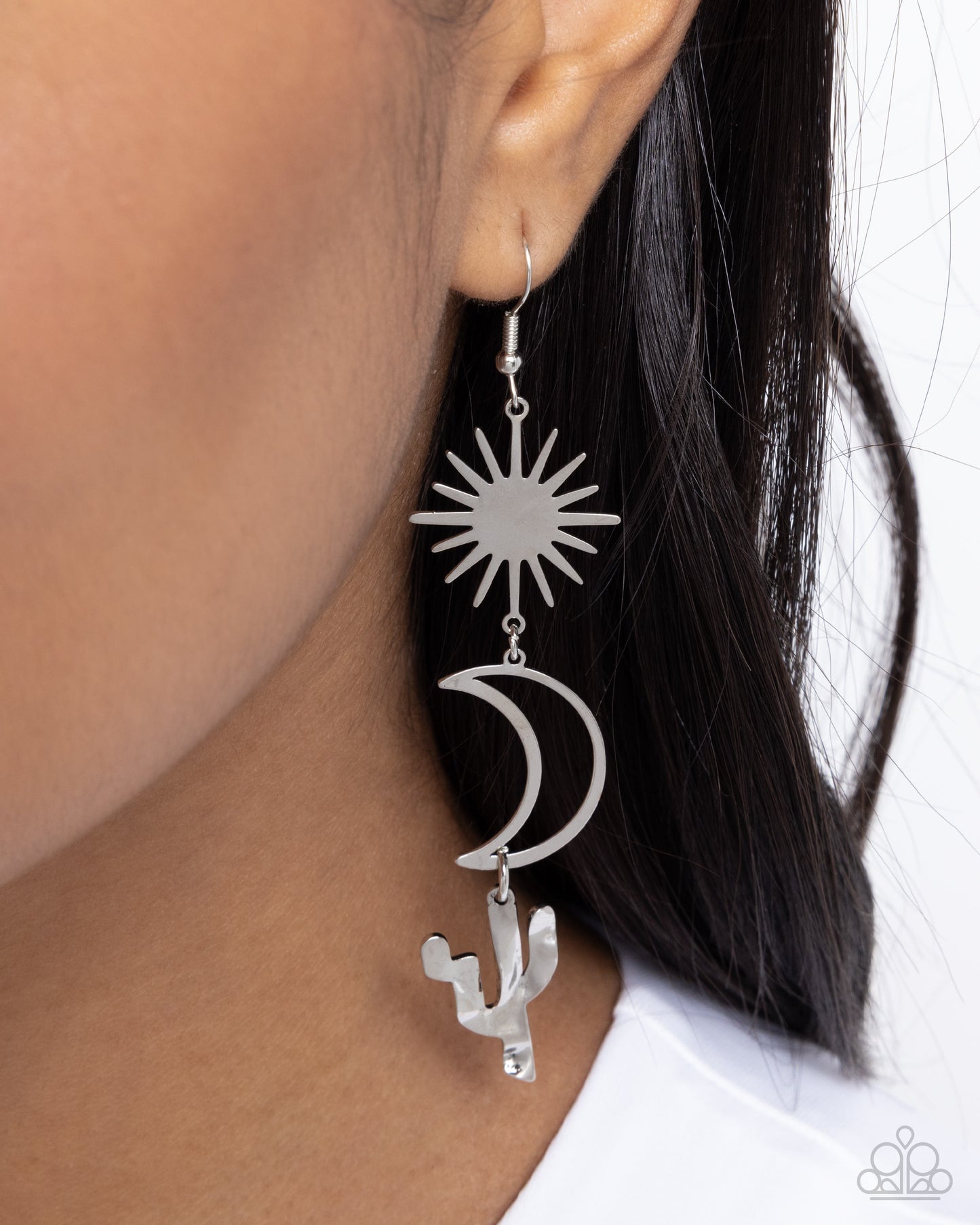 Wishfully Western - Silver Cactus & Crescent Moon Fishhook Earrings - Paparazzi Accessories