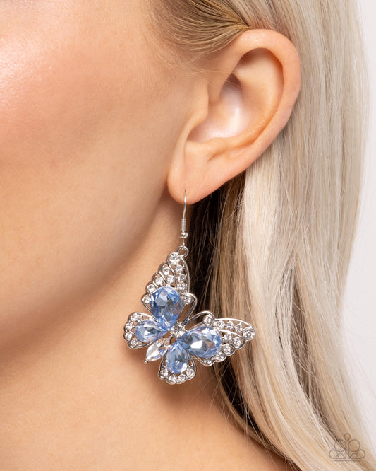 Teardrop Takeoff - Blue Rhinestone Butterfly Fishhook Earrings - Paparazzi Accessories