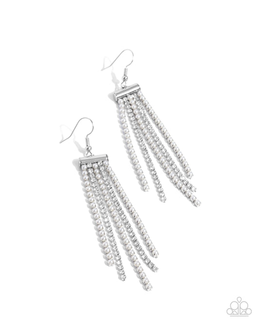 Tapered Team - White Rhinestone & Pearl Fishhook Earrings - Paparazzi Accessories