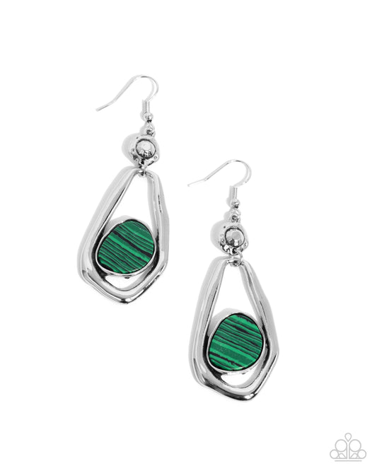 Scouting Spirals - Green Striped Stone Silver Fishhook Earrings - Paparazzi Accessories