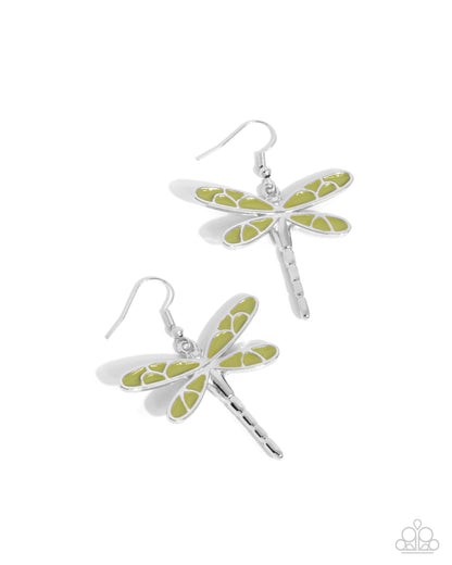 Dragonfly Descent - Green Enamel Fishhook Earrings - Paparazzi Accessories