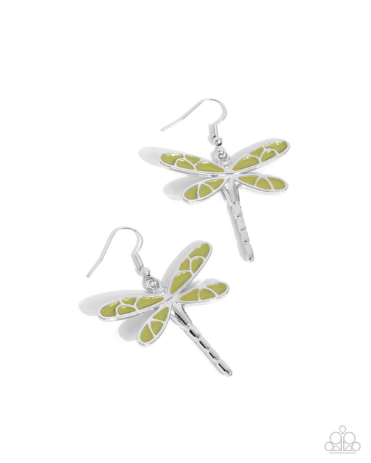 Dragonfly Descent - Green Enamel Fishhook Earrings - Paparazzi Accessories