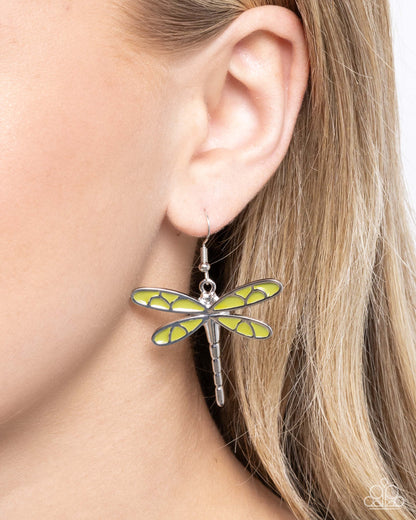 Dragonfly Descent - Green Enamel Fishhook Earrings - Paparazzi Accessories