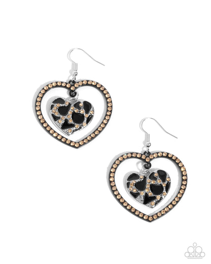 Leopard Love - Black Enamel & Rhinestone Heart Fishhook Earrings - Paparazzi Accessories