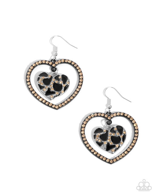 Leopard Love - Black Enamel & Rhinestone Heart Fishhook Earrings - Paparazzi Accessories