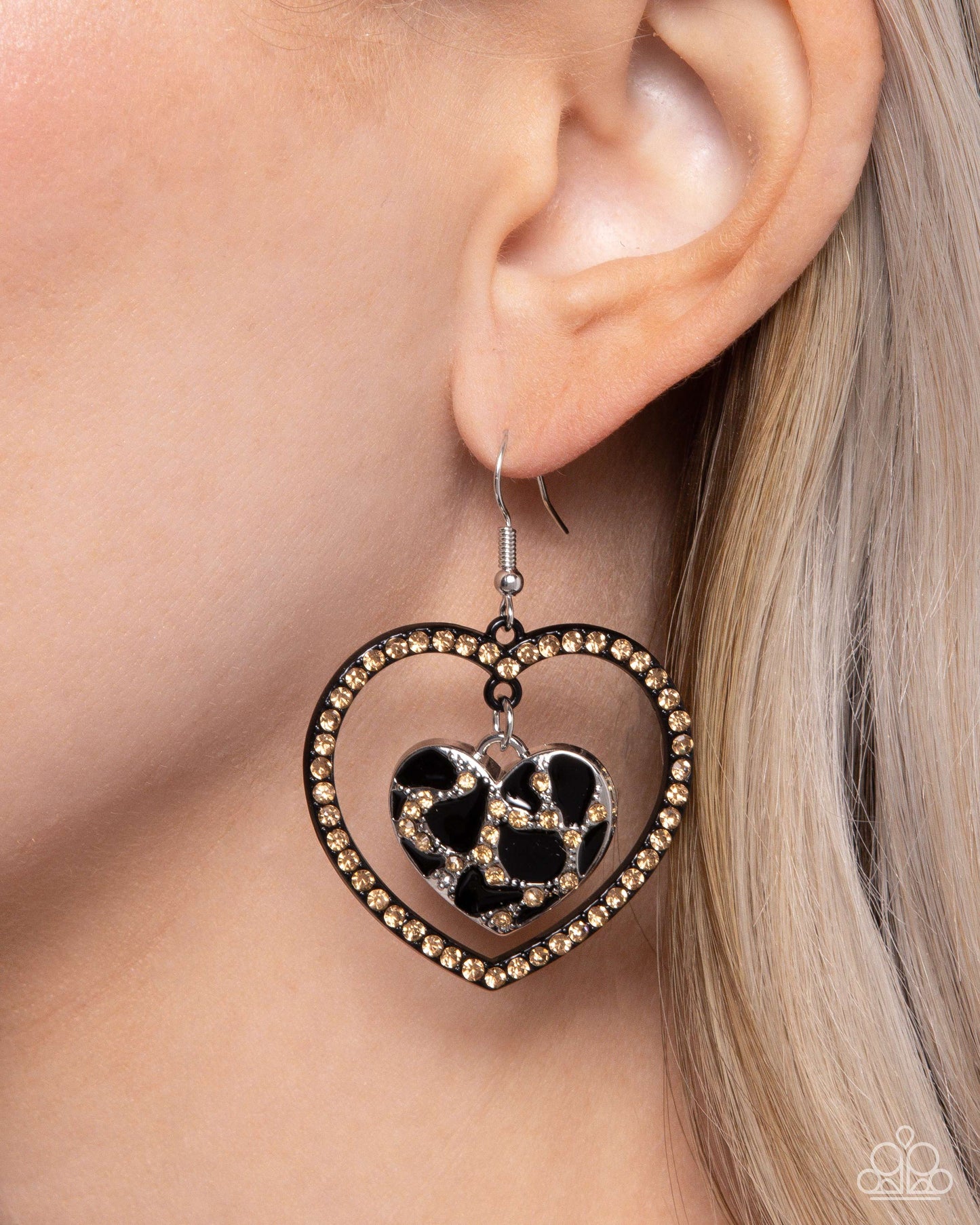 Leopard Love - Black Enamel & Rhinestone Heart Fishhook Earrings - Paparazzi Accessories