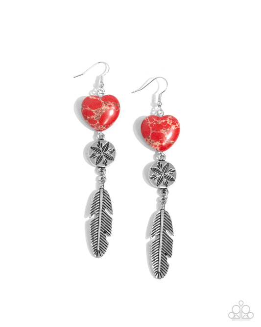 Free-Spirited Fame - Red Marbled Stone Heart Silver Feather Fishhook Earrings - Paparazzi Accessories