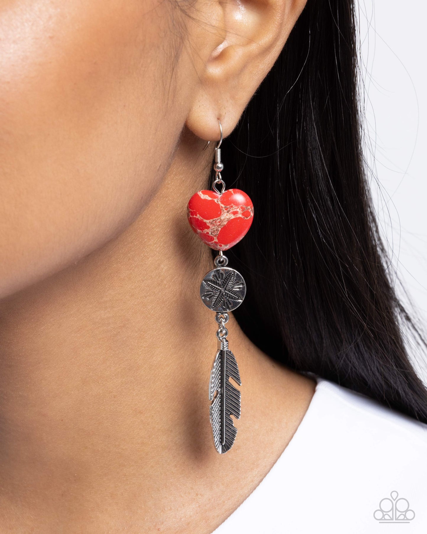 Free-Spirited Fame - Red Marbled Stone Heart Silver Feather Fishhook Earrings - Paparazzi Accessories