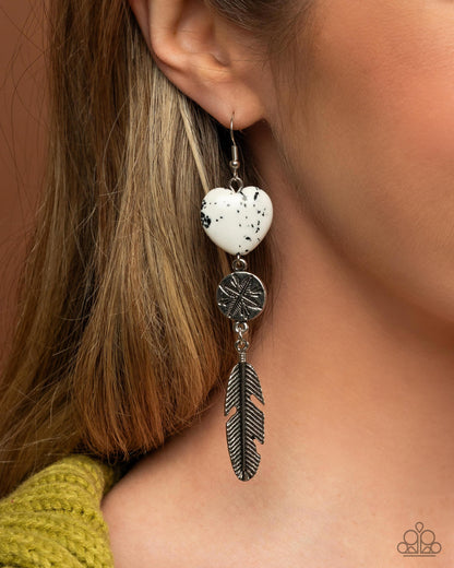 Free-Spirited Fame - White Crackle Stone Heart Silver Feather Fishhook Earrings - Paparazzi Accessories