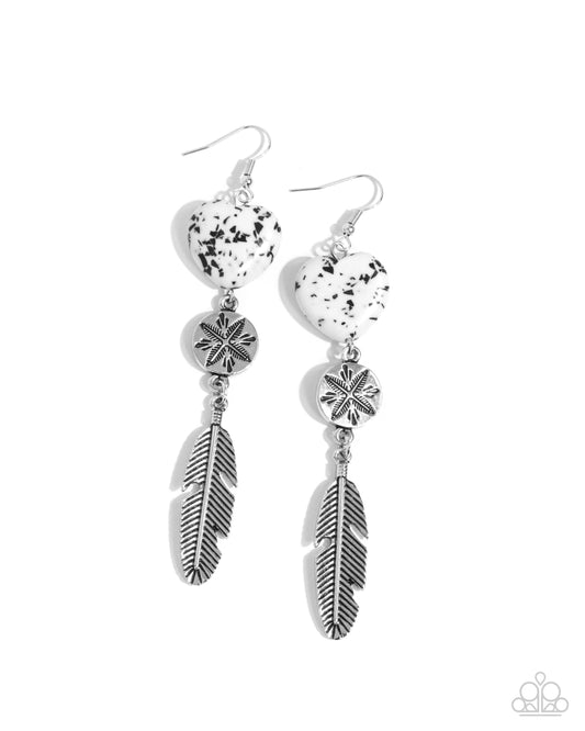 Free-Spirited Fame - White Crackle Stone Heart Silver Feather Fishhook Earrings - Paparazzi Accessories