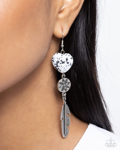 Free-Spirited Fame - White Crackle Stone Heart Silver Feather Fishhook Earrings - Paparazzi Accessories