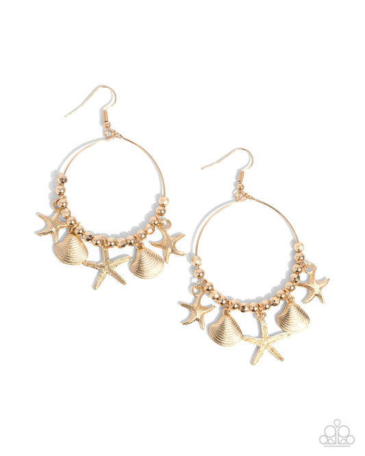 Coastal Conversation - Gold Starfish & Seashells Charms Fishhook Earrings - Paparazzi Accessories