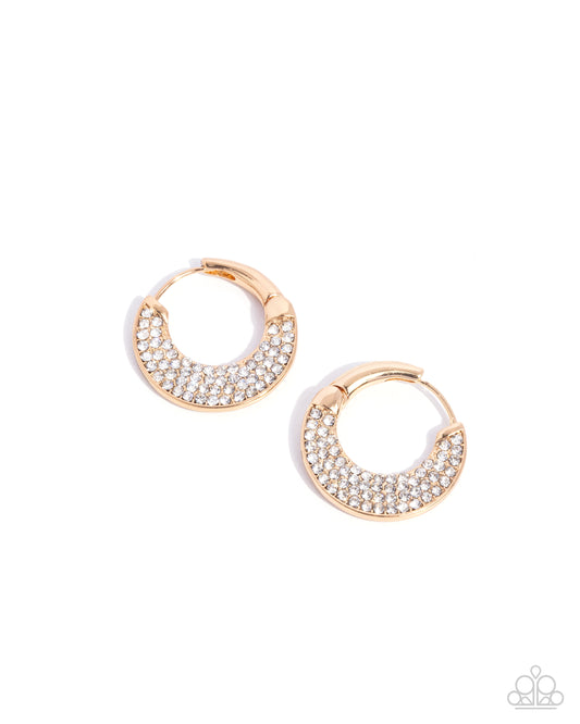 Winking Whimsy - Gold Hinge Hoop Earrings with White Rhinestones - Paparazzi Accessories