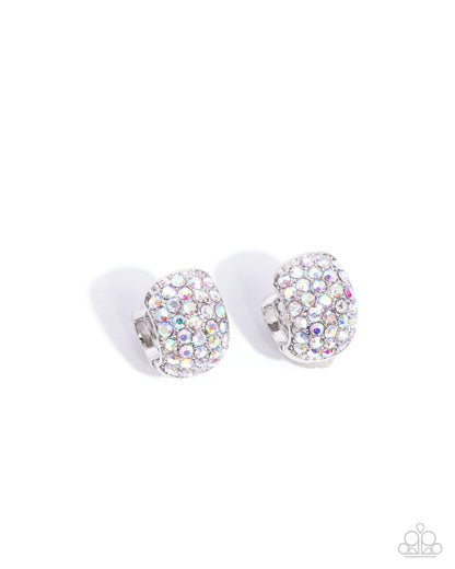 All Dressed UPSCALE - Multi Iridescent Rhinestone Silver Hinge Hoop Earrings - Paparazzi Accessories