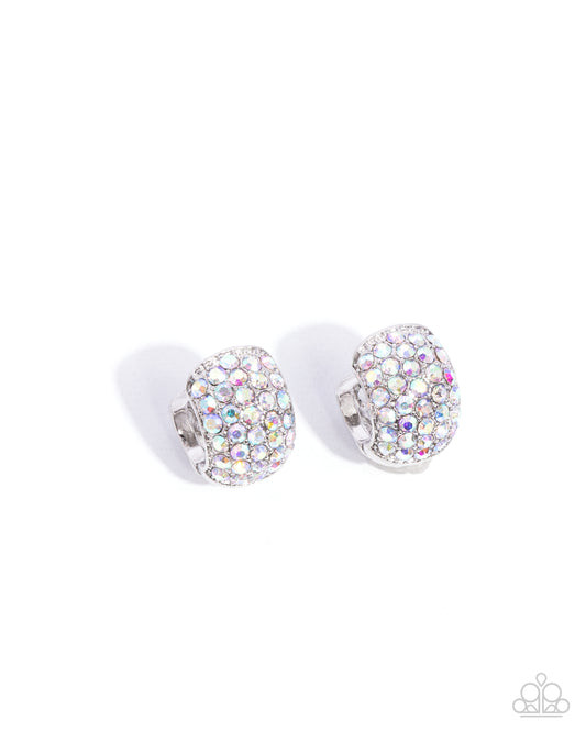 All Dressed UPSCALE - Multi Iridescent Rhinestone Silver Hinge Hoop Earrings - Paparazzi Accessories