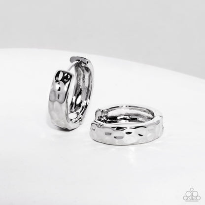 Hammered Hyperaware - Silver Hinge Hoop Earrings-  Paparazzi Accessories