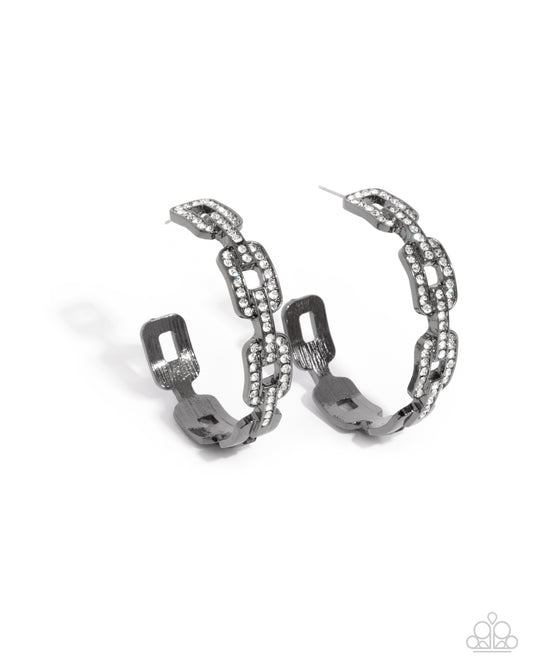 Downtown Decadence - Black - Gunmetal Chain Link White Rhinestone Hoop Earrings - Paparazzi Accessories