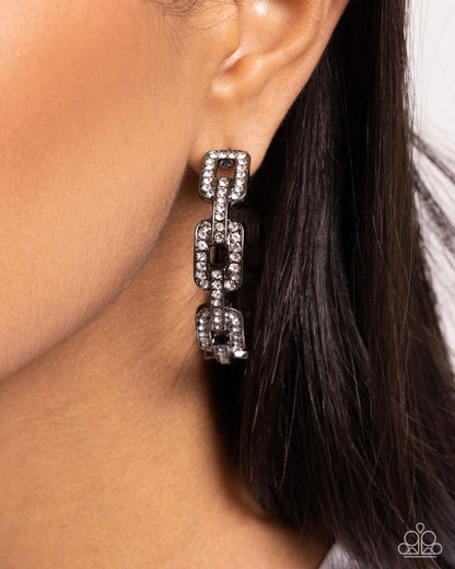 Downtown Decadence - Black - Gunmetal Chain Link White Rhinestone Hoop Earrings - Paparazzi Accessories
