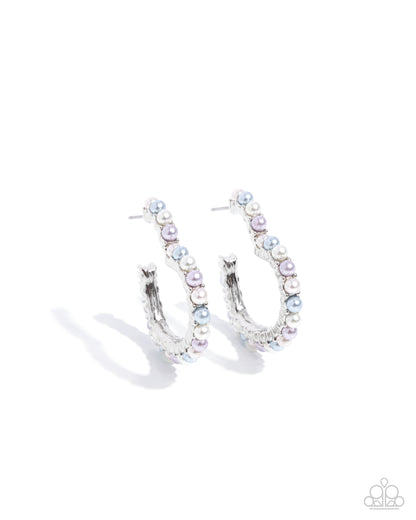 Vocally Vintage - Multi - White, Blue, & Purple Pearl Heart Hoop Earrings - Paparazzi Accessories