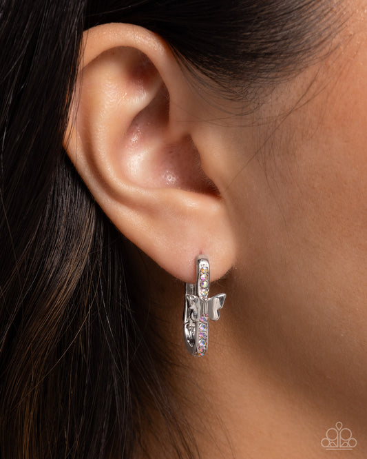 Aerial Authority - Multi Iridescent Rhinestone Silver Butterfly Hinge Hoop Earrings - Paparazzi Accessories