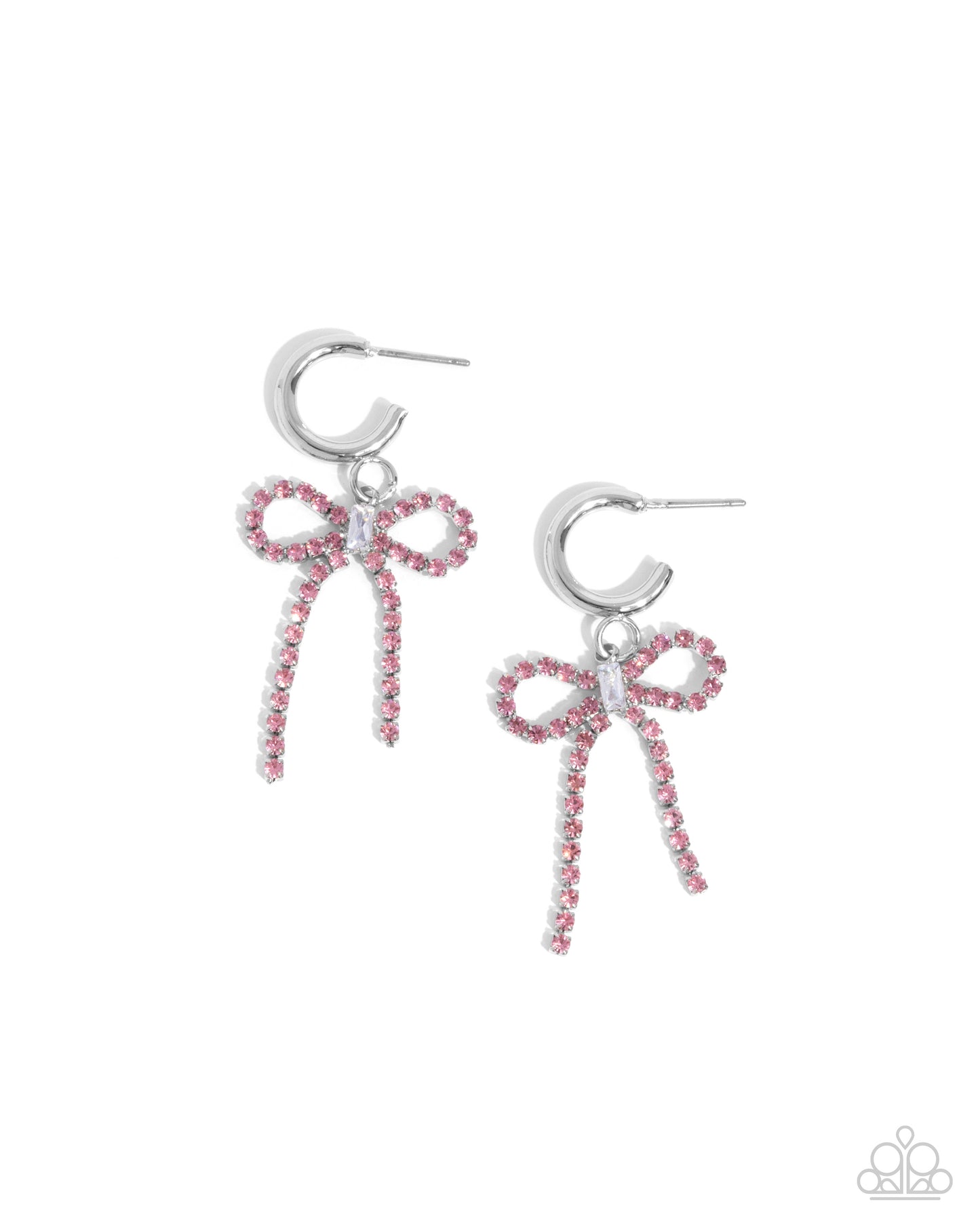 Whispering Whimsy - Pink Rhinestone Bow Drop Hoop Earrings - Paparazzi Accessories