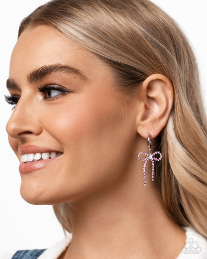 Whispering Whimsy - Pink Rhinestone Bow Drop Hoop Earrings - Paparazzi Accessories