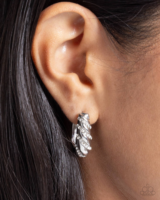 Paved in Glitz - White Rhinestone Silver Hinge Hoop Earrings - Paparazzi Accessories