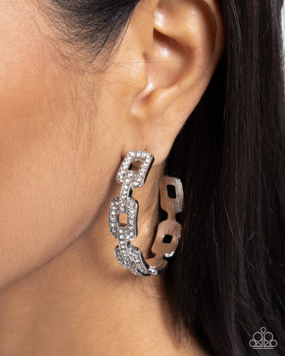 Downtown Decadence - White Rhinestone Chainlink Hoop Earrings - Paparazzi Accessories