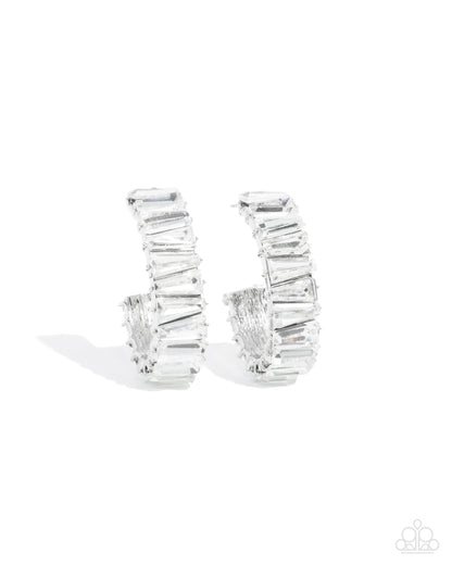 Permissible Pizzazz - White Rhinestone Silver Hoop Earrings - Paparazzi Accessories