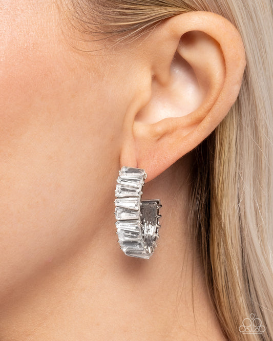 Permissible Pizzazz - White Rhinestone Silver Hoop Earrings - Paparazzi Accessories