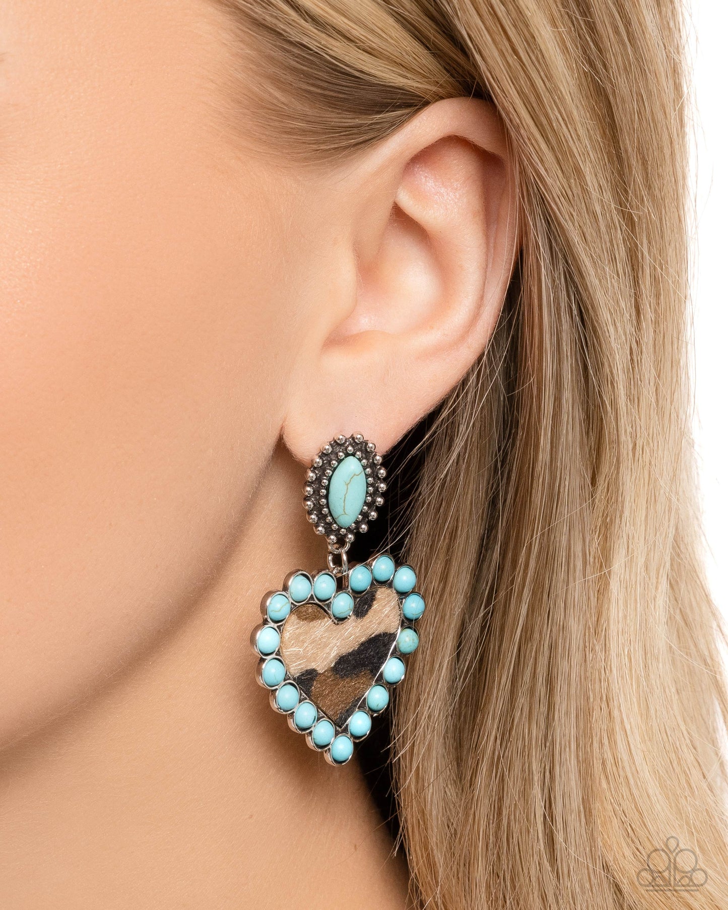 Whimsical Wrangler - Blue Crackle Stone & Leopard Print Heart Post Earrings - Paparazzi Accessories