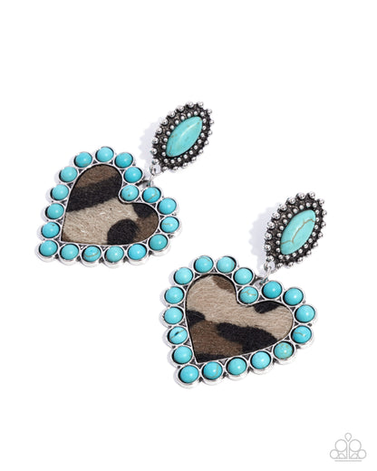 Whimsical Wrangler - Blue Crackle Stone & Leopard Print Heart Post Earrings - Paparazzi Accessories