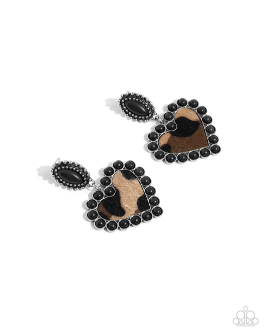 Whimsical Wrangler - Black Crackle Stone & Fuzzy Cow Print Heart Post Earrings - Paparazzi Accessories