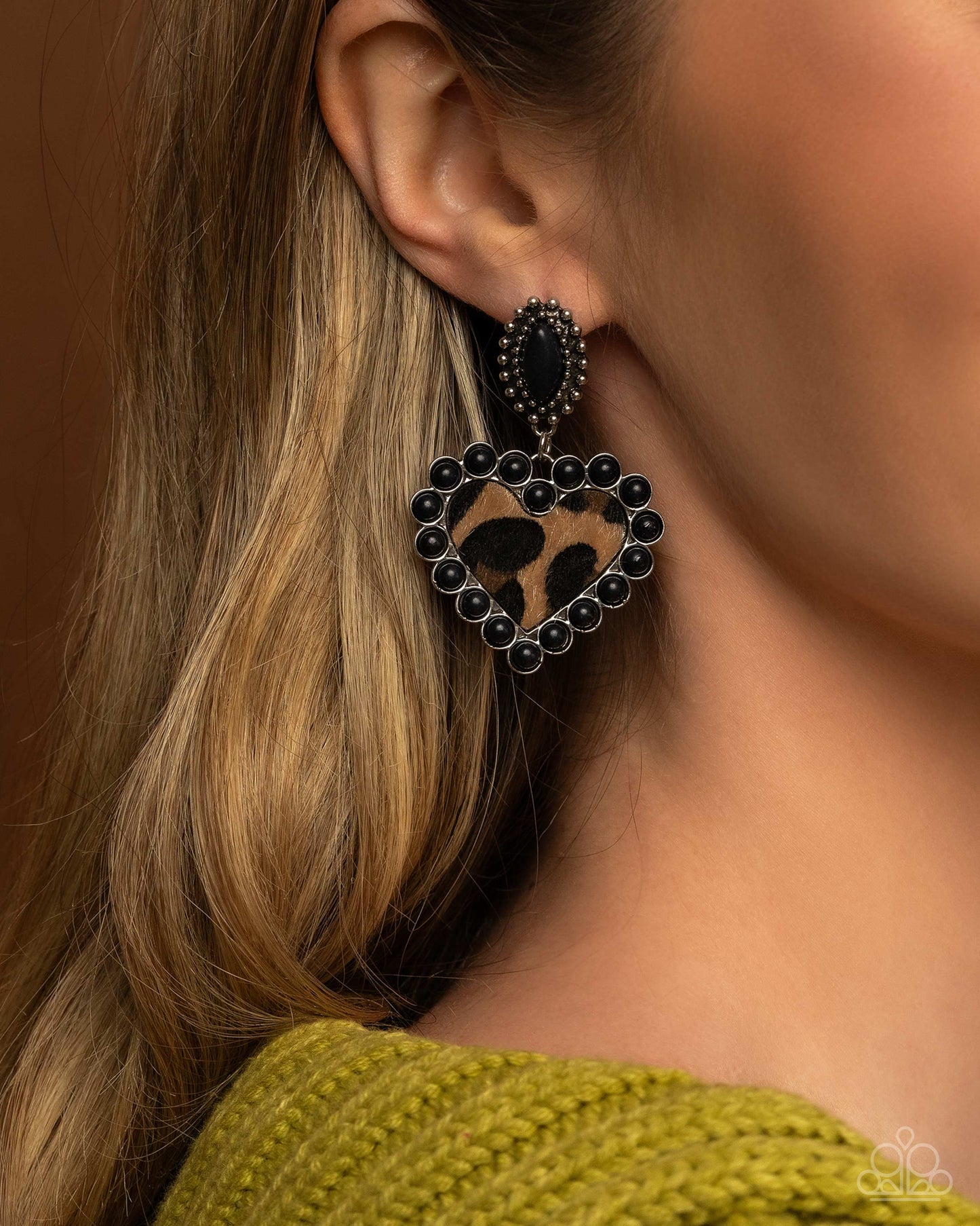 Whimsical Wrangler - Black Crackle Stone & Fuzzy Cow Print Heart Post Earrings - Paparazzi Accessories