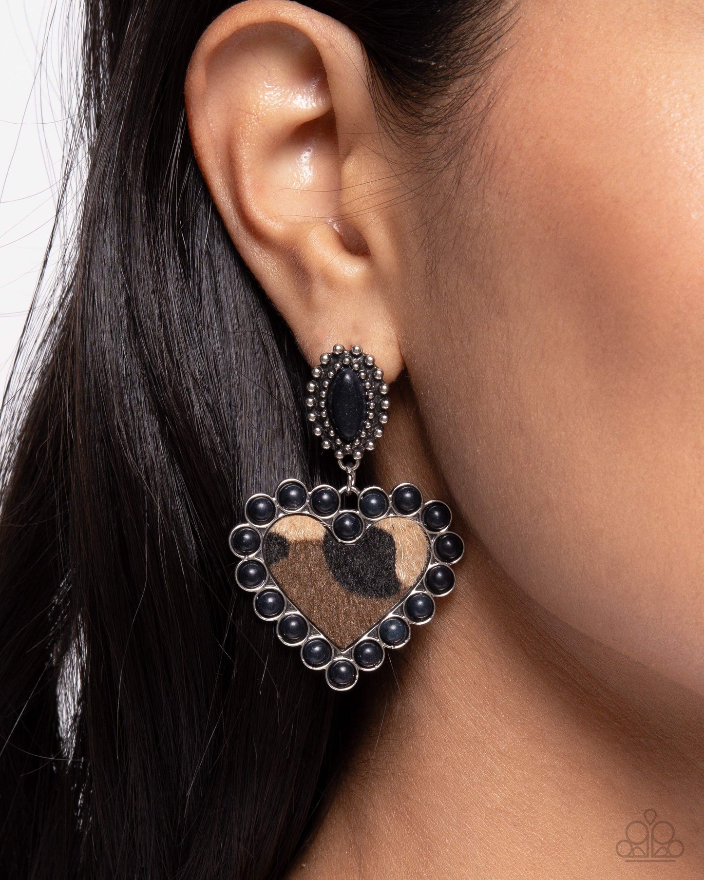 Whimsical Wrangler - Black Crackle Stone & Fuzzy Cow Print Heart Post Earrings - Paparazzi Accessories